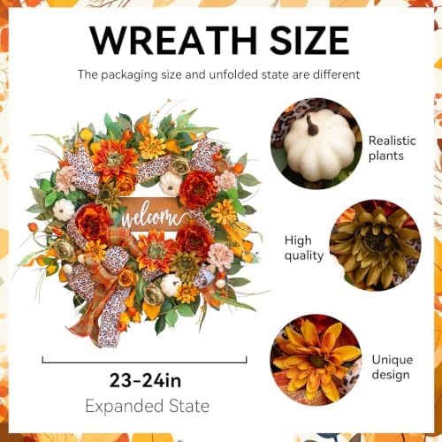24 Inch Fall Wreaths for Front Door, Autumn Wreath with Welcome Sign - Image 2