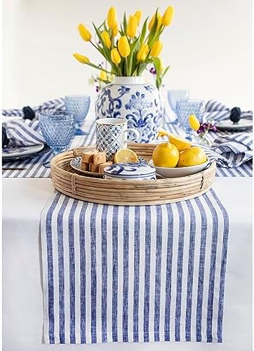 Solino Home 100% Pure Linen Table Runner, 14 x 90 in, Navy and White Stripe by SolinoHome