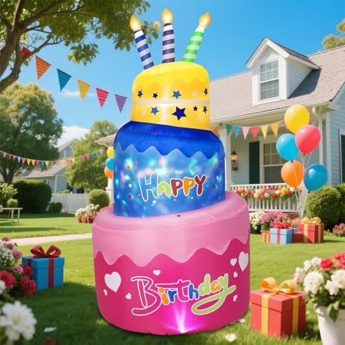 B&D 6FT Happy Birthday Inflatable Cake with Candles, Lighted Blow Up Birthday Decorations with Colorful Rotating LED Lights Inflatable Decor for Outdoor Indoor Party Home Celebration Yard Garden Lawn - Image 2