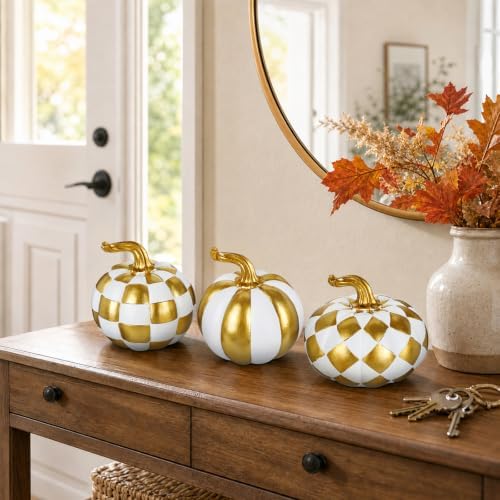 Briful 3-Piece White and Gold Resin Pumpkin Set Modern Fall Decor - Image 4