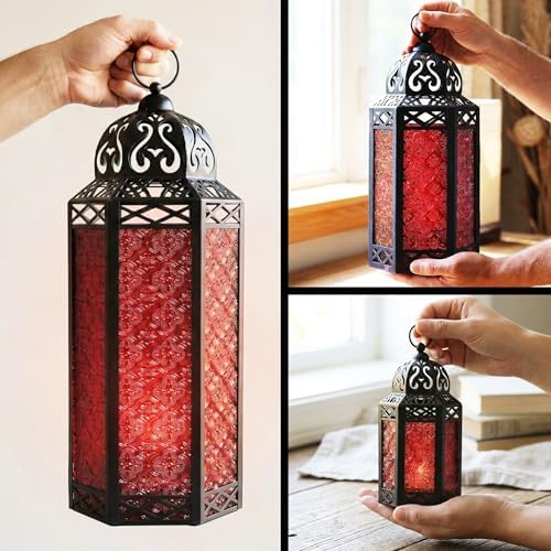 Vela Lanterns Decorative Outdoor for Patio/Porch - Floor Moroccan Candle Holder Set of 3 - Turkish Lamps, Table Centerpieces, Hanging Outdoor Decor for Wedding, Ramadan (XL, Large, Small - Red Glass) - Image 5