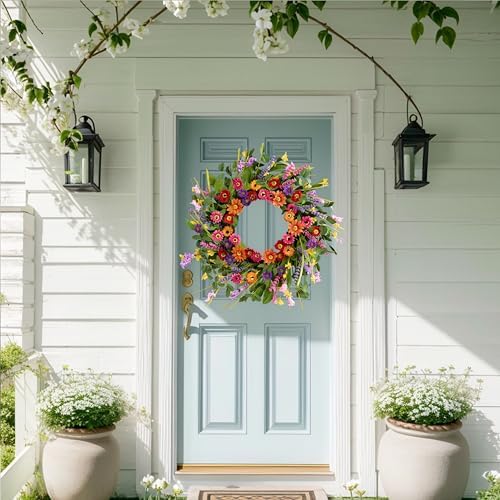 Artificial Spring Wreath 22 Inch Summer Wreaths for Front Door with Green Eucalyptus Leaves Pink Daisy Lavender Spring Door Wreath for Farmhouse Wall Wedding Home Porch Easter - Image 6