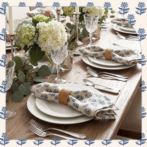 Mindsoft Set of 12 Floral Cloth Napkins Blue Linen Cloth Napkins - Image 5