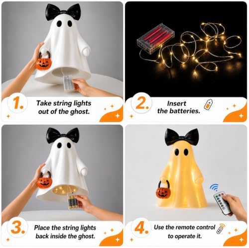 14 in Large Lighted White Ghost Figurine with Pumpkin Lantern&Remote Timer - Image 3