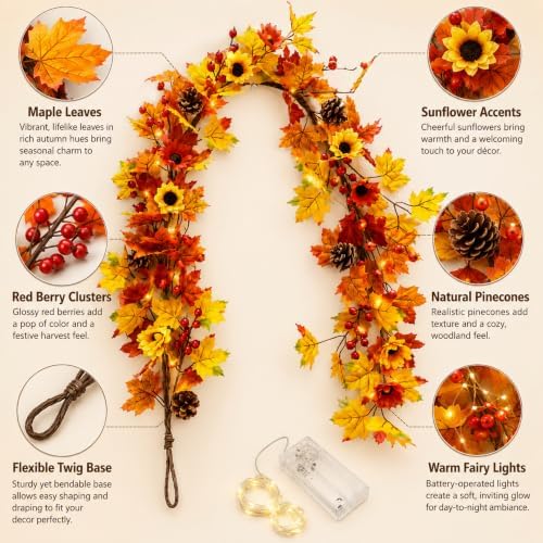 13.2ft Fall Decoration for Home Fall Leaf Garland with Light Indoor Outdoor - Image 3