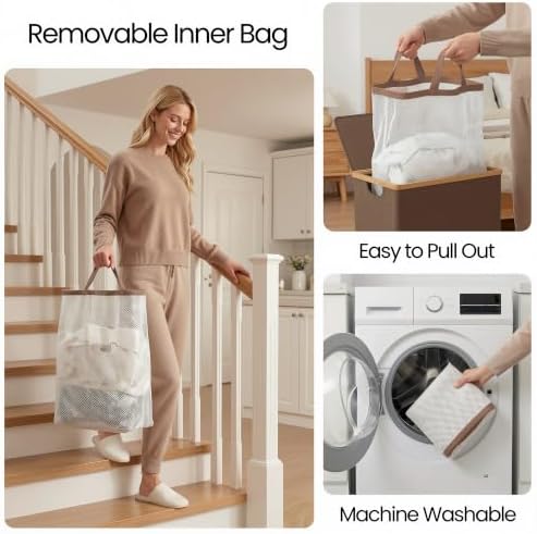 efluky 26 Gal Laundry Basket with Lid and Net Bag, Tall Laundry Hamper with Bamboo Handles, Aesthetic Dirty Clothes Bin for Laundry Room, Bathroom, Bedroom and Dorm, Brown - Image 5