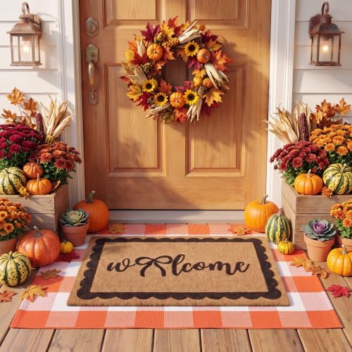 2 Pcs Fall Welcome Mats for Front Door Layered Buffalo Plaid Outdoor Rug - Image 4