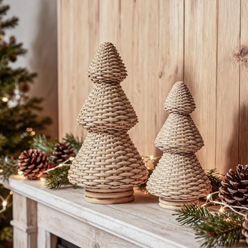 DN DECONATION Brown Christmas Tree Figurines, Natural Rattan Style Decor - Image 2