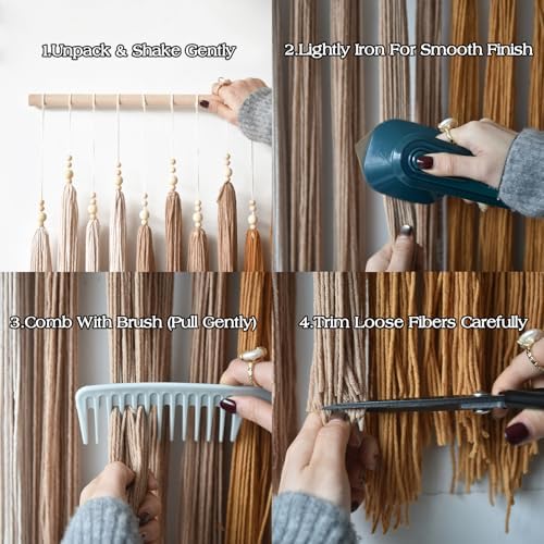Macrame Wall Hanging Large Yarn Fiber Art Handmade Beaded Tassel 39"W*45"L - Image 2