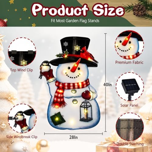 28x40 Lighted Christmas Snowman Garden Flag, 8 Modes Solar LED - Image 2