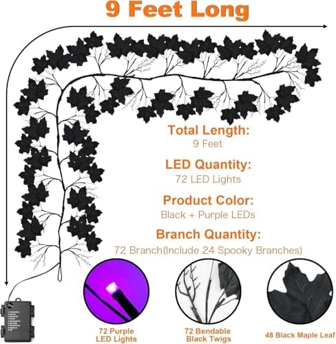 9 FT 72 LED Willow Vine Twig Decor Black Halloween Garland with Purple Lights, 8 Modes & Timer Waterproof Battery Operated for Home Fireplace Mantle Wall Office Indoor Halloween Decorations Party - Image 3