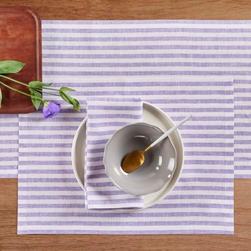 Solino Home 100% Linen Table Runner, 14 x 90 in, Violet and White Striped - Image 3