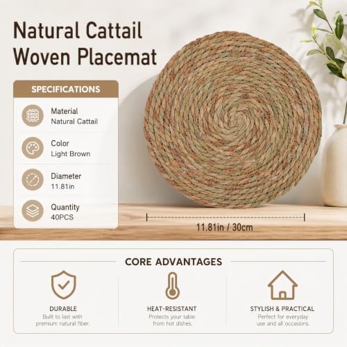 40Pcs Round Placemats Bulk Plate Chargers Set, 11.81in Woven Placemat Rustic Braided Straw Rattan Charger Natural Cattail Place Mat for Wedding Party Table Single Tableware Use (40pcs) - Image 2
