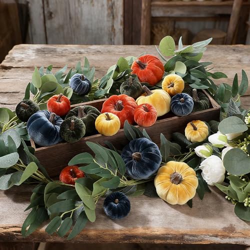 Conelist 2 Pcs Artificial Maple Leaf Rattan Garland 24 Harvest Velvet Foam Fabric Pumpkins Decorative for Home Farmhouse Fireplace(Colorful) - Image 2