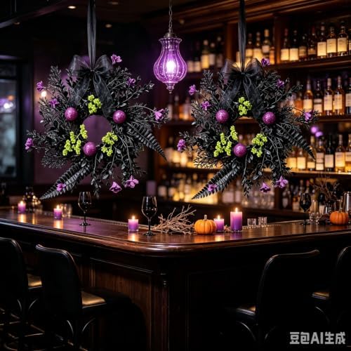 6 Pcs Small Halloween Hanging Wreaths with Black Fern Foliage Purple Glitter Balls Lime Green Berry Clusters Purple Flowers Black Sheer Bow Gothic Mini Cabinet Wreath for Home Kitchen Halloween Party - Image 4