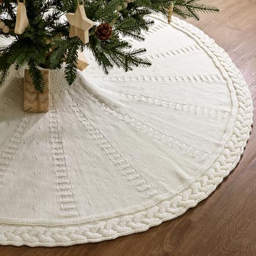 60 inch Christmas Tree Skirt: Large Tree Skirt for 9ft Tree, Braided Cable Knit Cream White Tree Skirt, Vintage Tree Skirts, Rustic Farmhouse Christmas Decorations by LimBridge