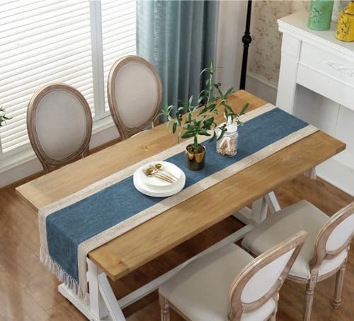 Farmhouse Navy Faux Linen Dining Table Runner 15 x 86.5 Inch Blue - Image 3