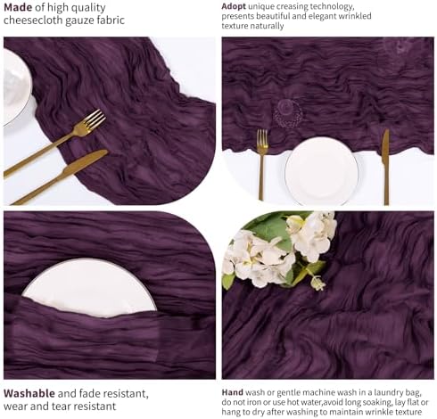 14 Pack Dark Purple Cheesecloth Table Runner 17x108 Inch Semi Sheer Boho Gauze Cheese Cloth Fabric Table Runners, for Wedding Party Baby Shower Birthday Home Decor Garden Farmhouse - Image 6