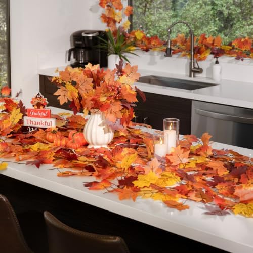 CQURE 14 Pack Fall Leaf Garland, Total 109.2Ft Artificial Fall Maple Leaves Autumn Vines Garland Thanksgiving Decor for Home Fireplace Party - Image 7