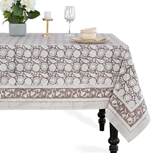 CPC Rustic Brown Block Print 100% Cotton Rectangle Tablecloth 60x120 Inch by COTTONPRINTCLUB