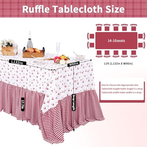 Red Ruffle Tablecloth Plaid Table Cloth - 80 x 120 Inch Waterproof Tablecloths Rectangle Washable Polyester Red bow Table Cover for Birthday Wedding Dinner Picnic Mother's Day Party Decoration - Image 2