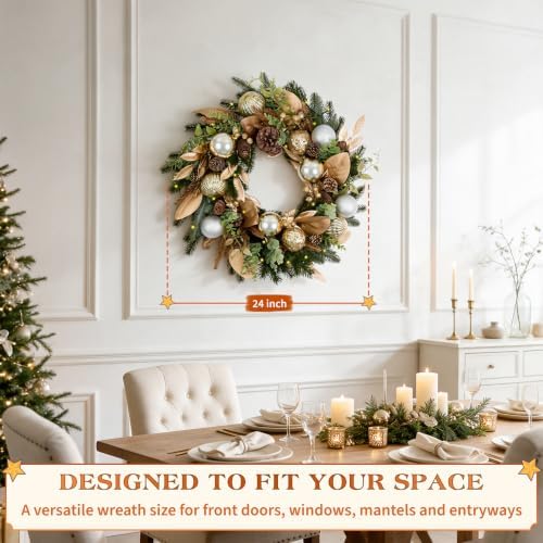 Hykolity 24 Inch Pre-Lit Botanical Christmas Wreath, Battery Operated Lighted Wreath with 30 Warm White LEDs, Timer, Gold Silver Ornaments, Pinecones and Decorative Leaves for Front Door - Image 3