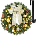 Hausse Lighted Christmas Wreath with Metal Hanger, Pre-lit Xmas Wreath with Large Golden Bow & Balls, Battery Operated with 40 LEDs Lights, for Front Door Gate Wall Christmas Party Decorations by Hausse