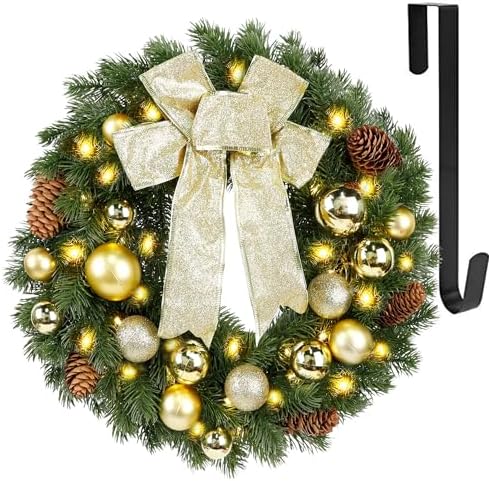 Hausse Lighted Christmas Wreath with Metal Hanger, Pre-lit Xmas Wreath with Large Golden Bow & Balls, Battery Operated with 40 LEDs Lights, for Front Door Gate Wall Christmas Party Decorations by Hausse