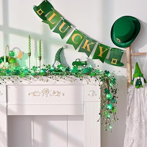 2 Pcs 6 Ft St Patrick's Day Garland with Light, Lighted Shamrock Garlands, Green Colored Wooden Shamrock and Berry Clover for St Patrick's Day Decor - Image 3