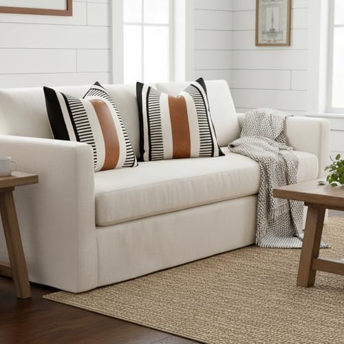 24x24 Boho Striped Pillow Cover with Faux Leather Accent, Black, 2 PC - Image 2