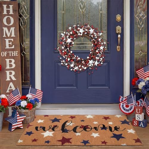 Tingjoo 2 Pcs 4th of July Door Mat and Patriotic Wreath for Front Door - Image 5