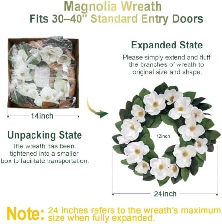 24 Inch Artificial Magnolia Wreath, Spring Summer Year-Round Decor, Faux Floral Wreaths for Front Door, Porch, Living Room, Bedroom, Wall - Image 2
