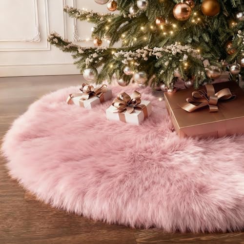 60 Inch Pink Faux Fur Christmas Tree Skirt Plush Xmas Tree Base Cover by BSSN