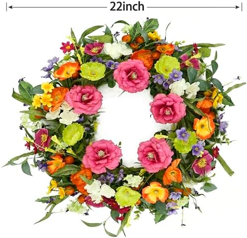 Artificial Spring Summer Wreaths for Front Door 22'' Peony Wreath Colorful Floral Wreath with Peony,Daisy,Poppy Flower Lavender for Indoor Outdoor Farmhouse Home Wall Window Festival Decoration - Image 3