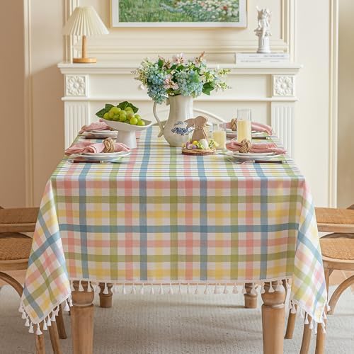JIALE Easter Gingham Tablecloth Cotton Linen Fabric Colorful Checkered Table Cloth with Tassel, Washable Wrinkle Free Buffalo Plaid Table Cover for Spring Summer Dining Party, Multi Yellow, 55X106'' - Image 4
