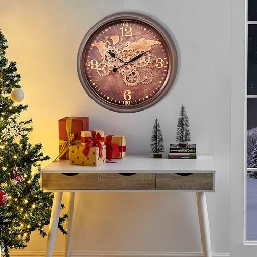 CLXEAST 24 Inch Moving Gear Wall Clock for Living Room,World Map Design - Image 5