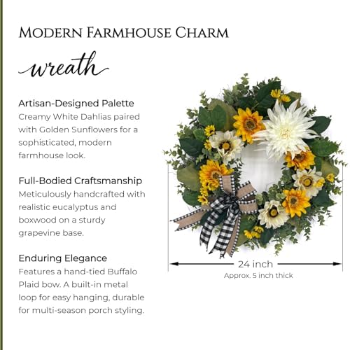 CYANBLOOM 24 Inch Summer Front Door Wreath – Modern Farmhouse Cream White & Yellow Sunflower Dahlia Wreath with Buffalo Plaid Bow, Outdoor Porch Wall Decor All Season, Housewarming Wedding Gift - Image 3