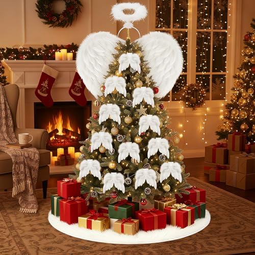 Janinka 15 Pcs Angel Feather Wing Christmas Tree Decors, 2 Feather Wings Topper with Aureole Headband, 1 White Plush Xmas Tree Skirt, 12 Wings Christmas Ornaments for Home Wedding Decor - Image 6
