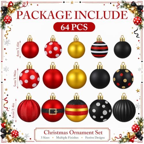 Lunmon 64 Pcs Mouse Christmas Ball Ornaments Red Black Yellow Xmas Baubles - Image 3