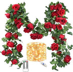 FiveSeasonStuff 29 Ft 4 Pack Christmas Red Rose Silk Flower Garland Artificial Flowers Decoration Hanging Floral with 66 feet String Lights by FiveSeasonStuff