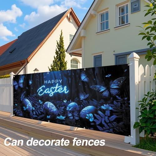ANNA QUEEN Happy Easter Garage Door Banner 6x13FT, Blue Neon Easter Eggs and Butterflies Garage Door Cover, Large Outdoor Spring Decoration Backdrop for Double Garage Doors, Yard Party & Photo Booth - Image 5