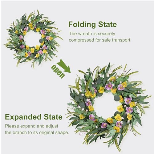 26 Inches Large Fall Wreaths for Front Door Decor, Olive Eucalyptus Leaf Silk Poppy Paper Flower Wildflower Wreath, Floral Easter Wreath Indoor Outdoor Wreaths Porch Farmhouse Home Decor - Image 5