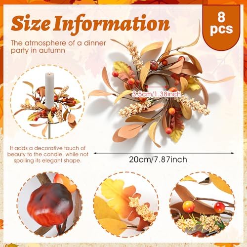 8 PCS Fall Taper Candle Rings Wreaths 1.38" Pumpkin Berries Wheat Taper Candle Holder Wreaths Thanksgiving Autumn Harvest Mini Floral Wreath for Pillar Candle Farmhouse Home Table Candlesticks Decor - Image 5