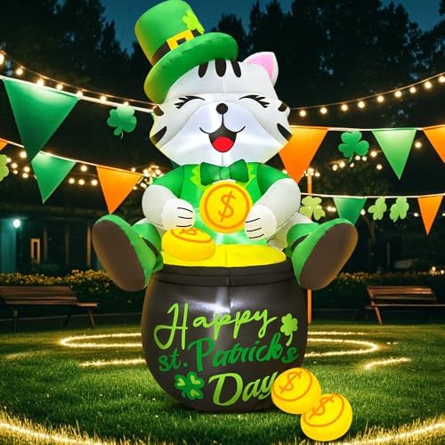 KOOY 4FT St Patricks Day Inflatables Outdoor Decorotion, Happy Saint Patricks Day Blow Up inflatables Cat with Leprethaun Hat Sit on Gold Pot, Patrick Decorations for Holiday Party Garden Lawn Décor - Image 6