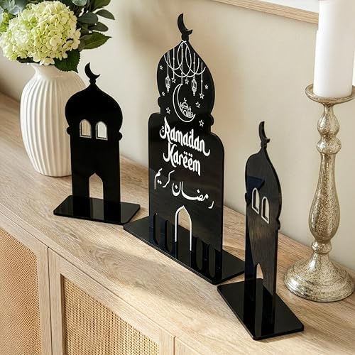 Iwa Concept Ramadan Kareem Table Decoration Set – Elegant 3-Piece Islamic Table Decor – Modern Ramadan Decorations for Iftar & Eid – Black Wooden Acrylic Islamic Tabletop Decor - Image 3