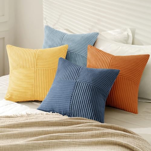 MIULEE Summer Yellow Blue Decorative Throw Pillow Covers 20x20 Inch Set of 4 Soft Corduroy Boho Patchwork Pillow Covers Modern Farmhouse Bright Home Decor for Sofa Living Room Couch Bed - Image 4