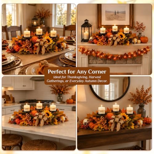Fall Candle Holder Centerpiece for Table Decor with Maple Leaves Burlap Bow - Image 7