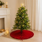 Red Velvet Christmas Tree Skirt with Ruffled Edge and Faux Pearl, 60 Inches Rustic Vintage Xmas Tree Skirt for Party Decorations - Image 5