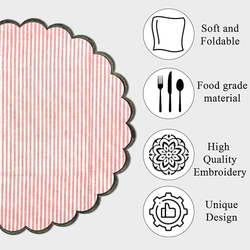 Ridhi Floral Block Print Round Placemats 15" in, Set of 4,Heart Pink Stripe - Image 5
