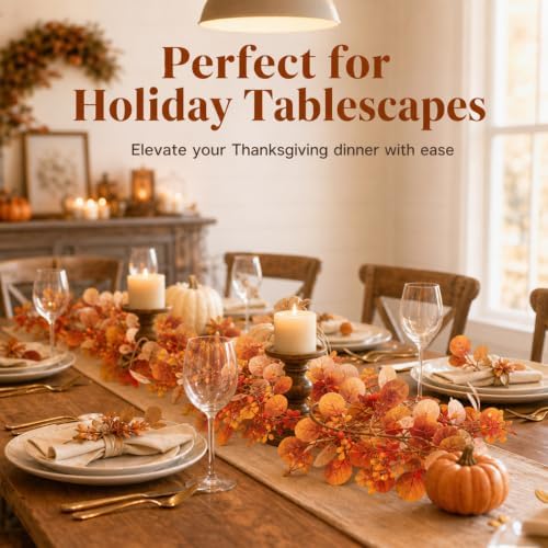 4 Pcs 6Ft Fall Eucalyptus Garland, Artificial Orange Faux Eucalyptus Plants Autumn Leaves Fake Vines for Table Home Wedding Mantle Thanksgiving Decor - Image 2
